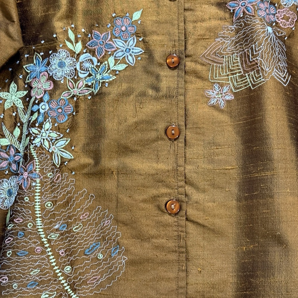 Coldwater Creek Large Silk Embroidered Mandarin Collar Blouse Orange Floral Boho - Picture 2 of 10
